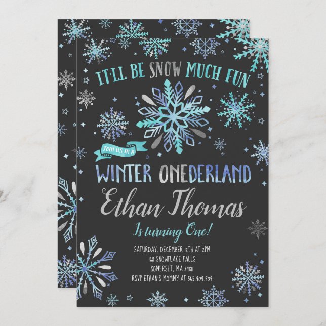 Winter ONEderland Birthday Convite Blue Silver (Frente/Verso)
