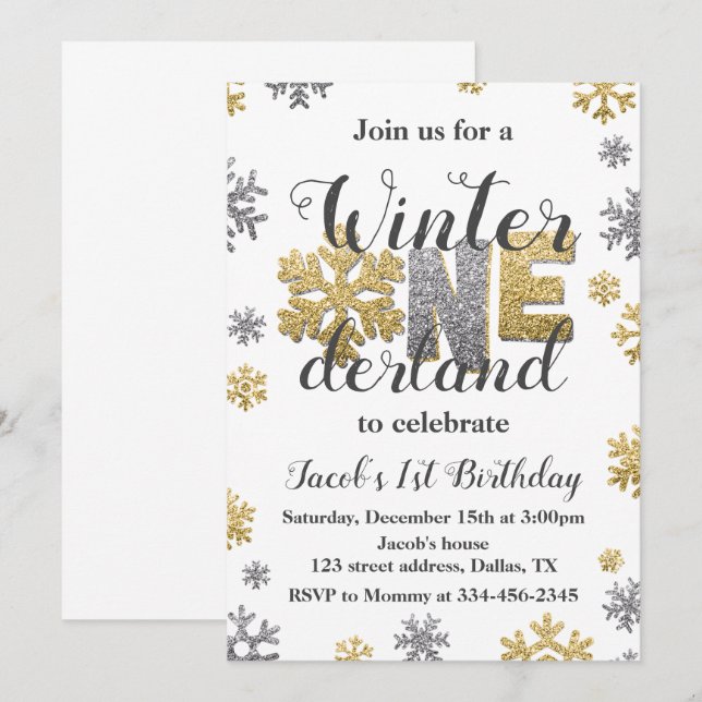 Winter ONEderland Birthday Convite para Prata Dour (Frente/Verso)