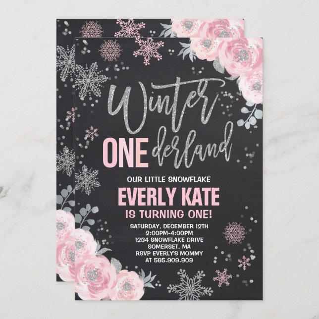 Winter ONEderland Birthday - Convite para Prata Ro (Frente/Verso)