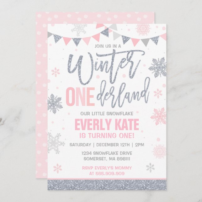 Winter ONEderland Birthday - Convite para Prata Ro (Frente/Verso)