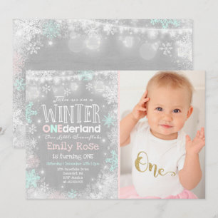 Winter ONEderland Birthday Convite Pink Mint