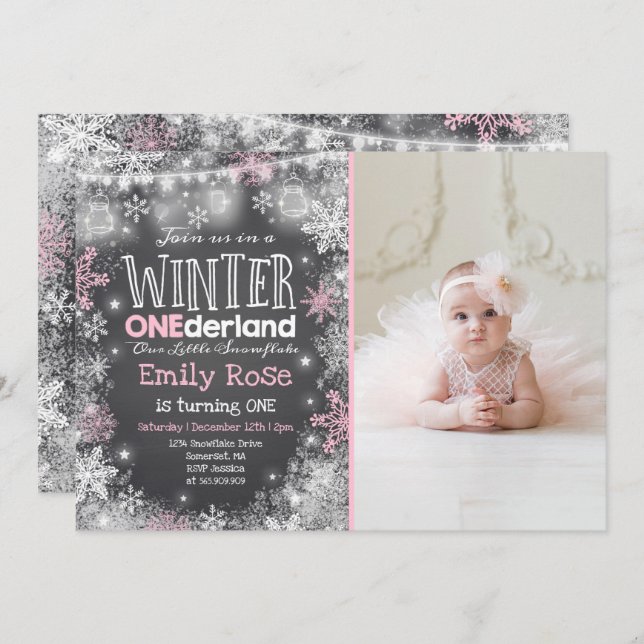 Winter ONEderland Birthday Convite Pink White (Frente/Verso)