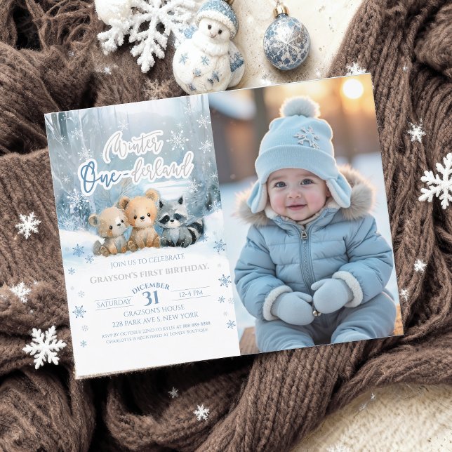 Winter Onederland Blue First Bday Photo Invitation (Criador carregado)