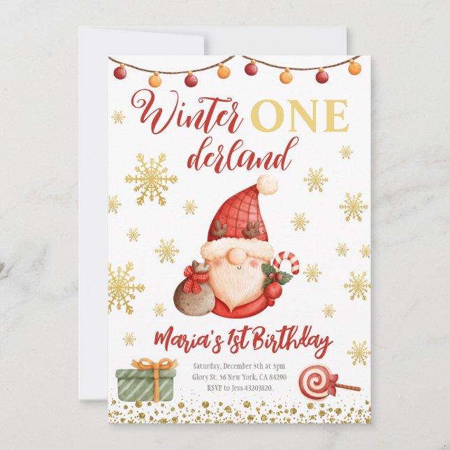 Winter Onederland Dourado Gnome Birthday Convite (Frente)