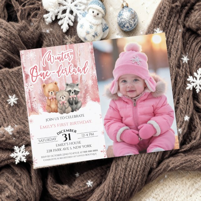 Winter Onederland Pink First Bday Photo Invitation (Criador carregado)