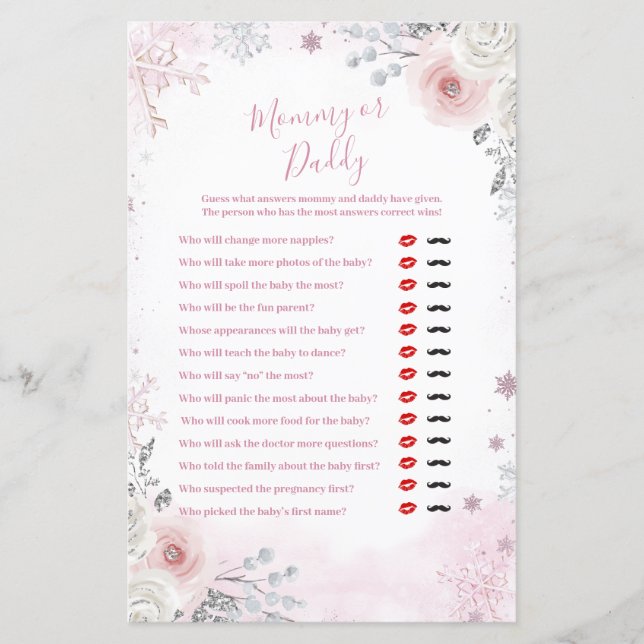 Winter Pastel Pink Snowflake Mommy or Daddy Game (Frente)