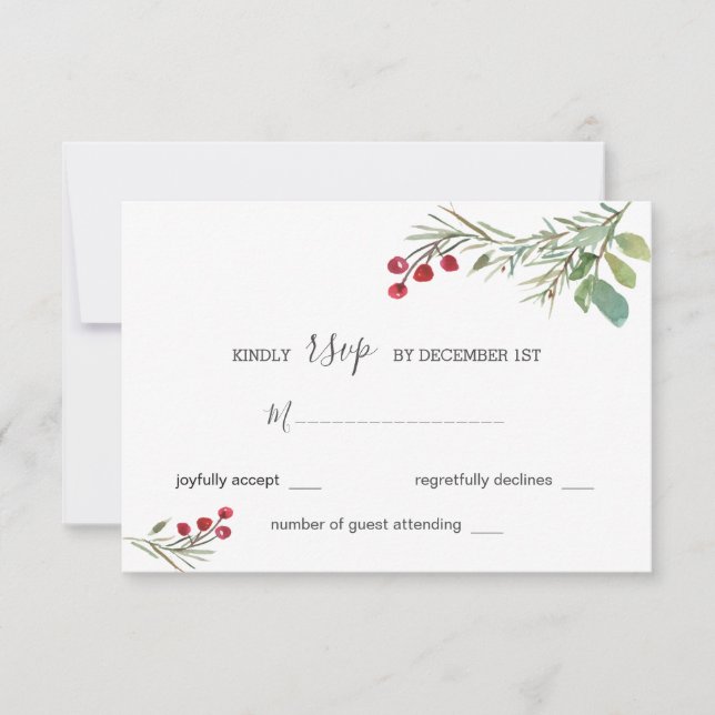 Winter Pine Cones Berry Wedding RSVP (Frente)