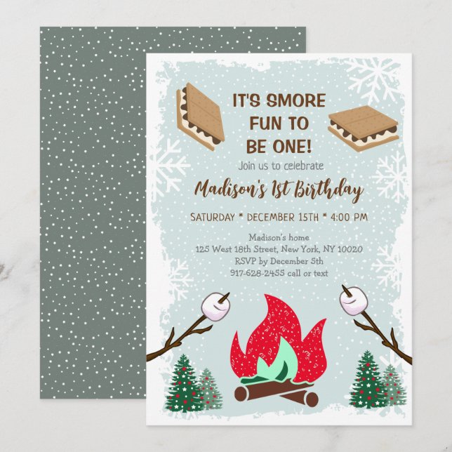Winter S'mores Campfire First Birthday Convite (Frente/Verso)