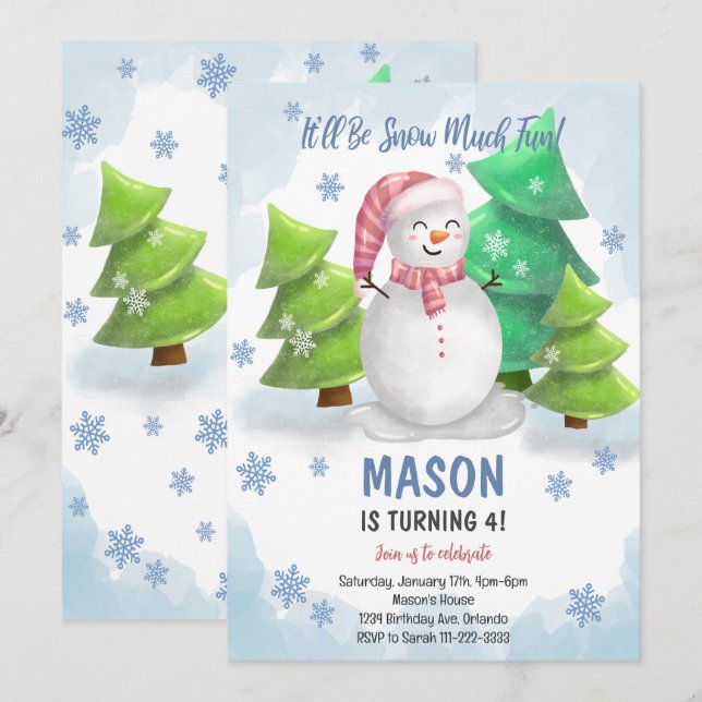 Winter Snowman Snowflake - Convite de Aniversário (Frente/Verso)