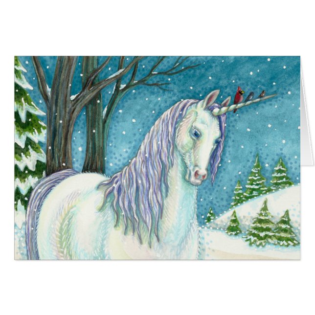 WINTER UNICORN AND BIRDS, PEACEFUL SNOTE CARTÃO (Frente horizontal)