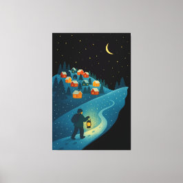 Winter Village Lantern Walk Night Wrapped Canvas A