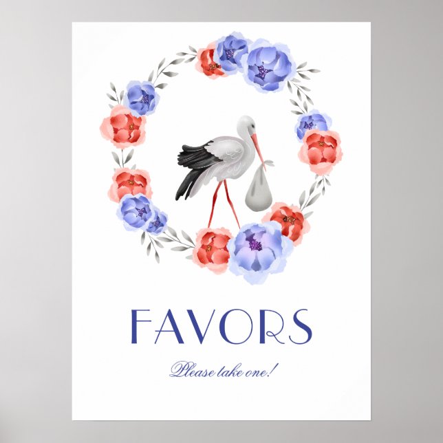 Winter Watercolor Stork Favors Baby Shower Poster (Frente)