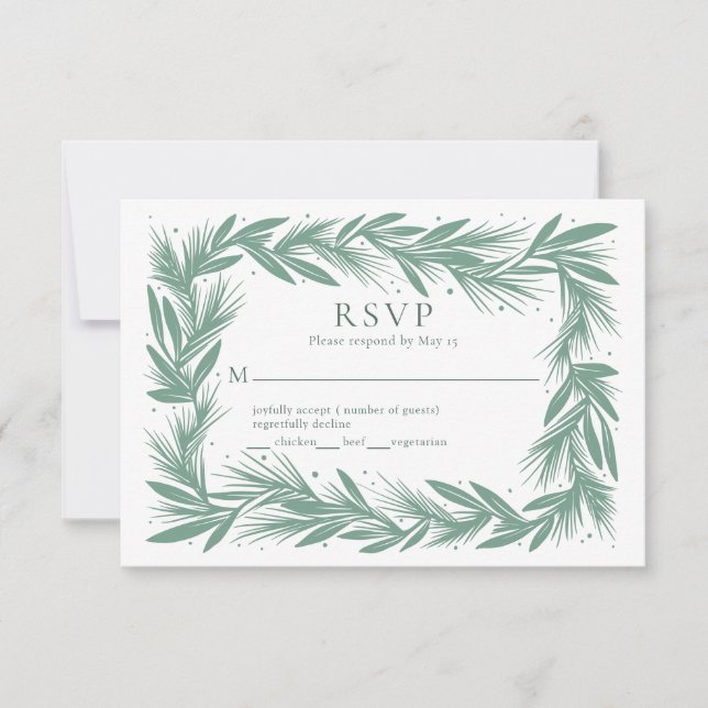 Winter Wreath Modern Wedn RSVP Card Green (Frente)