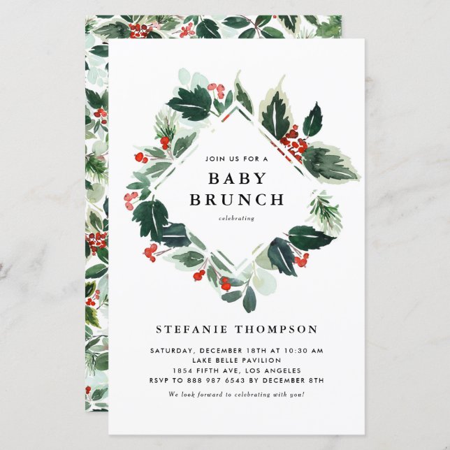 Winterberry Holly Greenery Baby Brunch Convite (Frente/Verso)