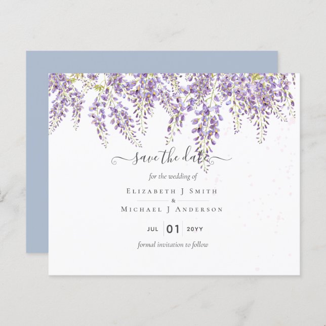 Wisteria Salve Datas Dusty Blue Casamento Orçament (Frente/Verso)