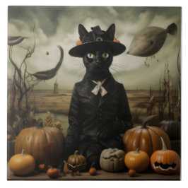 Witch Cat with Pumpkins
