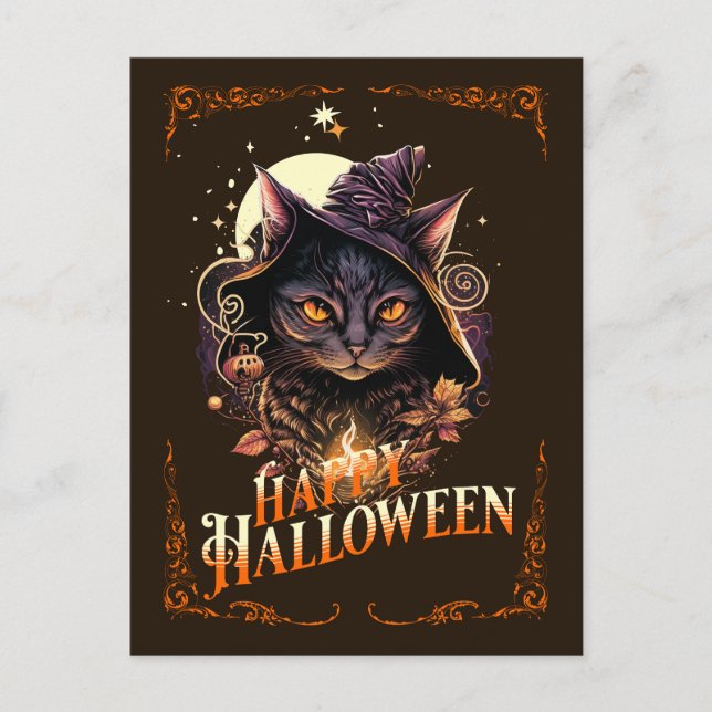 Witchy Cat deseja o cartão postal do Halloween (Frente)