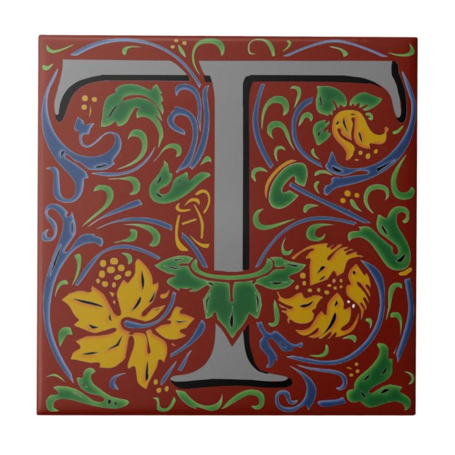 Wm Morris Ornamentado - Letra "T", Azulejo inicial (Frente)