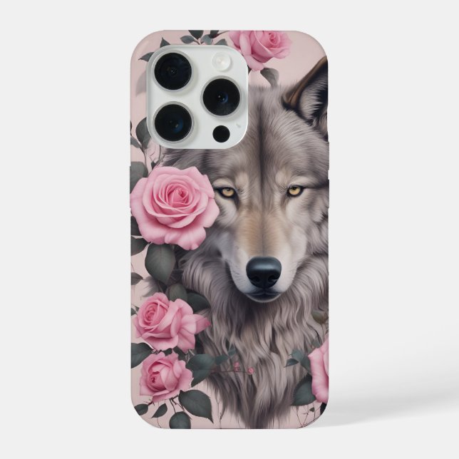 Wolf Elegante e Rosa iPhone 15 Pro Case (Verso)