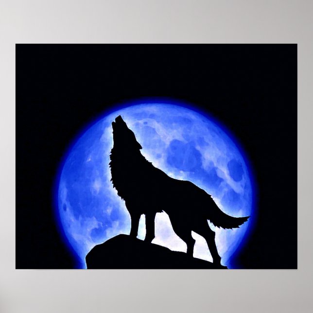 Wolf Howling Blue Moon Night Poster (Frente)