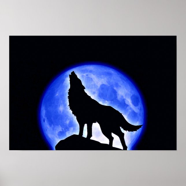 Wolf Howling Blue Moon Night Poster (Frente)