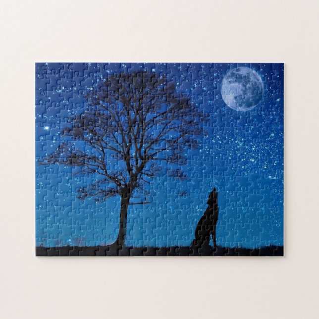 Wolf Howling Na Quebra-cabeça Da Lua (Horizontal)