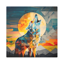 Wolf Howling no Cubismo Colorido da Lua