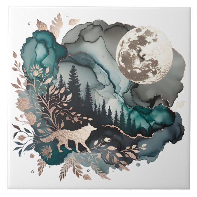Wolf Landscape & Moon Teal Dourado (Frente)