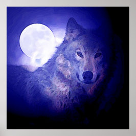 Wolf & Moon Square Poster Impressão Blue Night Wol