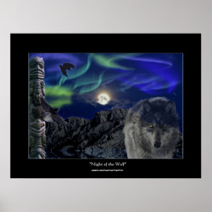 Wolf, Ravens, Totem Pole e Aurora Art Poster