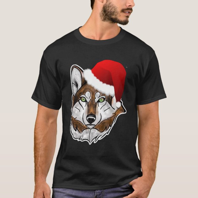 Wolf Santa Hat, Camisa De Vareta Longa De Natal Pa (Frente)