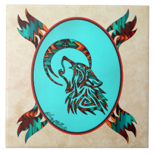Wolf Tribal Howling No Azulejo Cerâmico Da Lua