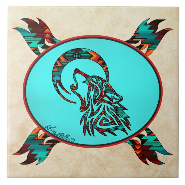 Wolf Tribal Howling No Azulejo Cerâmico Da Lua (Frente)
