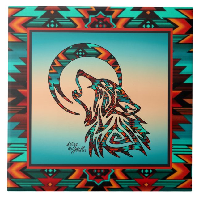 Wolf Tribal Howling No Azulejo Cerâmico Da Lua (Frente)