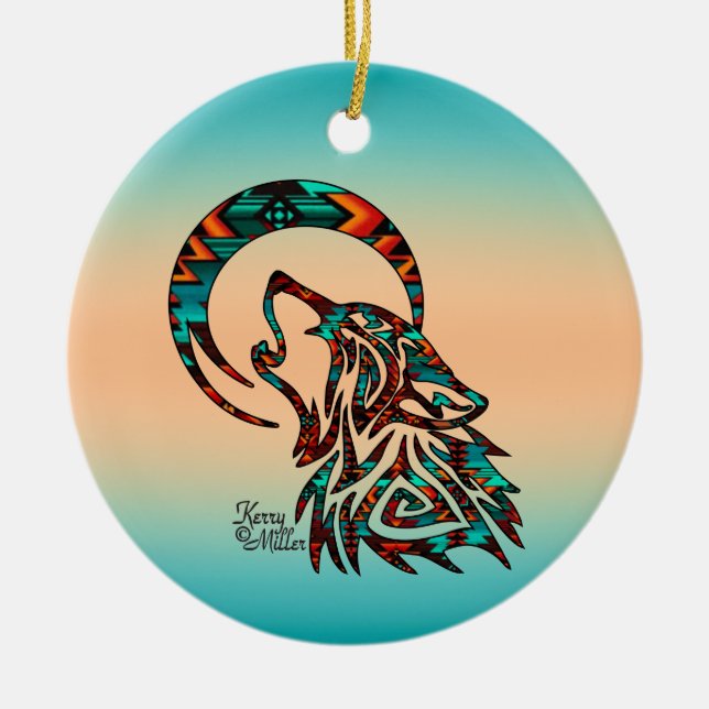 Wolf Tribal Howling No Ornamento Cerâmico Da Lua (Frente)