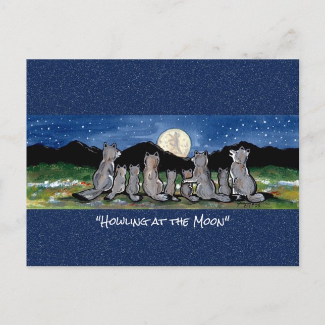 Wolf Wolves Moon Whimsic Watercolor Cartão Postal (Frente)
