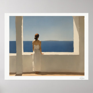 Woman on Terrace Overlooking Sea Poster