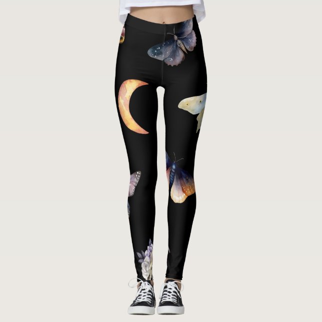 Women's Crystals & Moths Black Fashion Leggings (Frente)