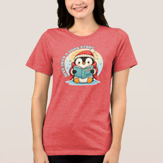 Women's Red Heather Reading Penguin Tri-blend Tee