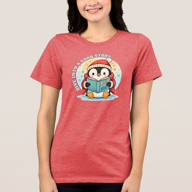 Women's Red Heather Reading Penguin Tri-blend Tee (Frente)