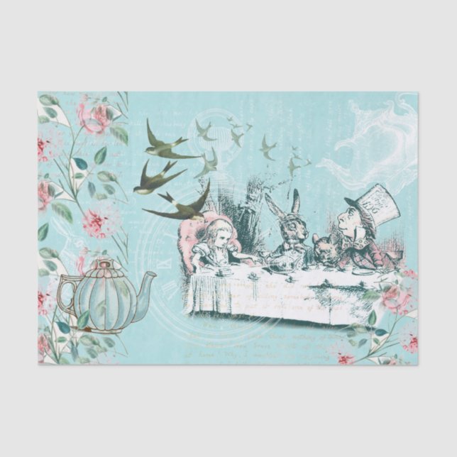 Wonderland Mad Tea Party Aqua Pink Papel Tecido Ro (Frente )
