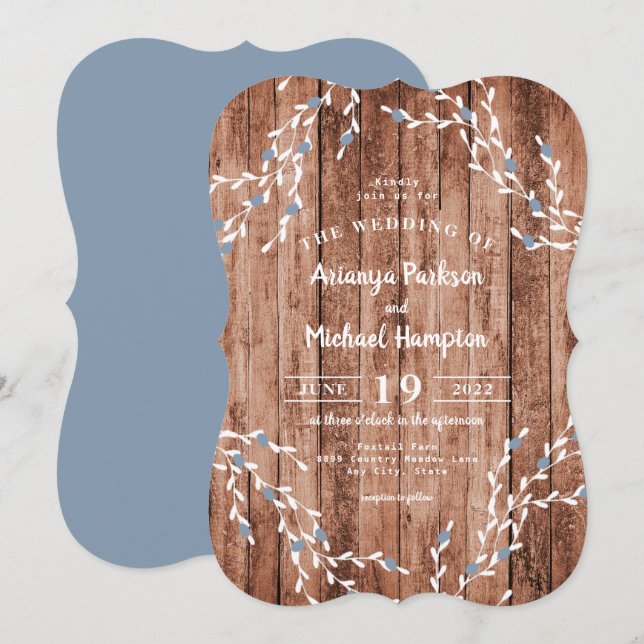 Wood Dusty Blue Berry Wreath Convite para Casament (Frente/Verso)
