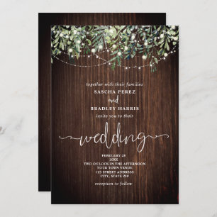 Wood Greenery String Luzes Casamento Convite