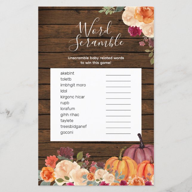 Wood Rustic Pumpkin Floral Word Scramble Game (Frente)