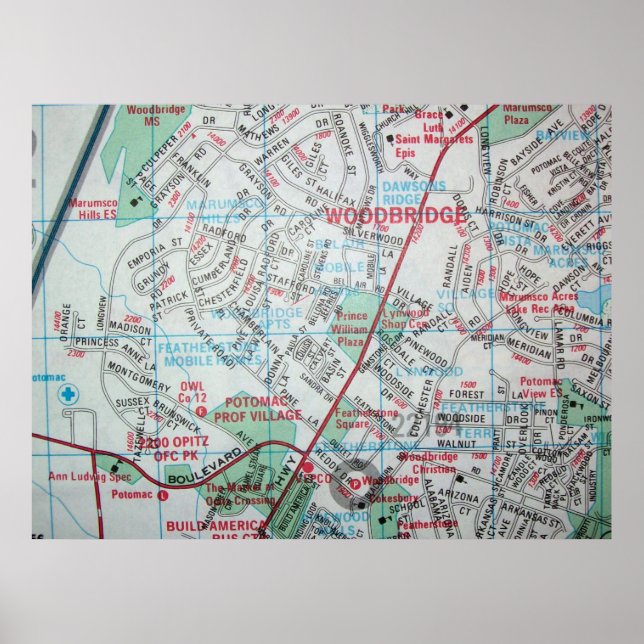 Woodbridge, Poster de Mapa Vintage VA (Frente)