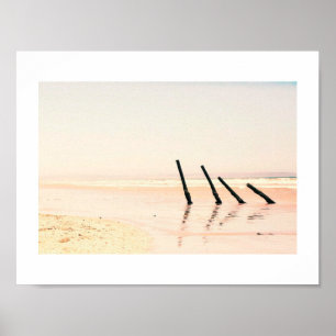 Wooden Piles Old Pier Beach Ocean Poster