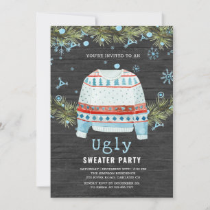 Wooden Snowy Ugly Sweater Convite de Natal