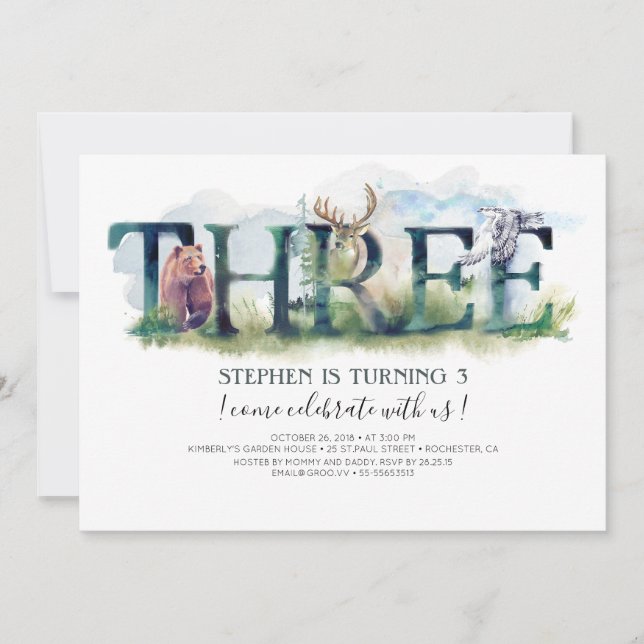 Woodland 3 - Convite para aniversário de 3 anos (Frente)