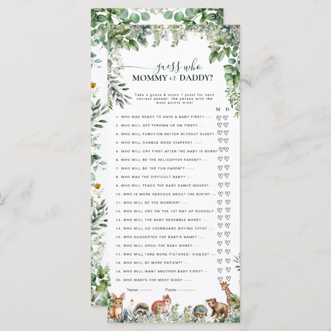 Woodland adivinha jogo de Mamãe ou Chá de fraldas  (Frente/Verso)