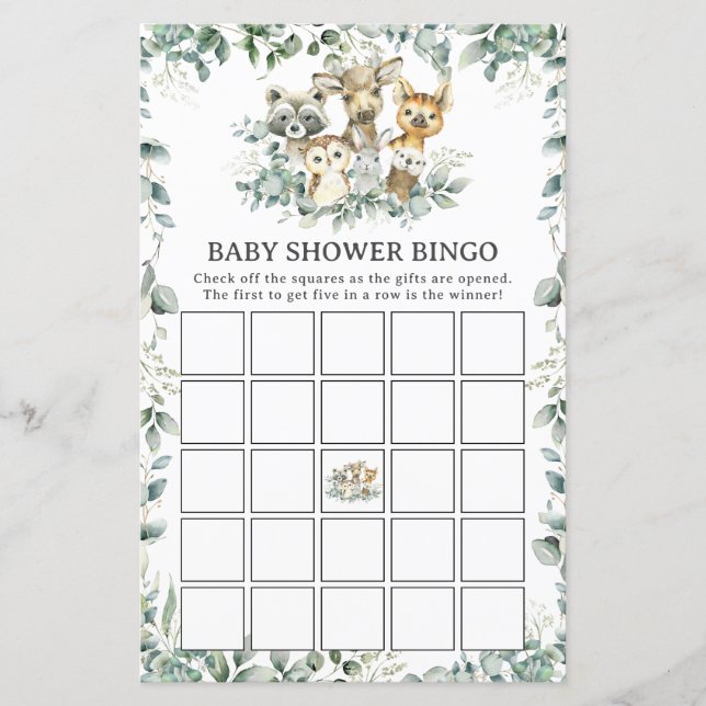 Woodland Animals Greenery Baby Shower Bingo Game (Frente)